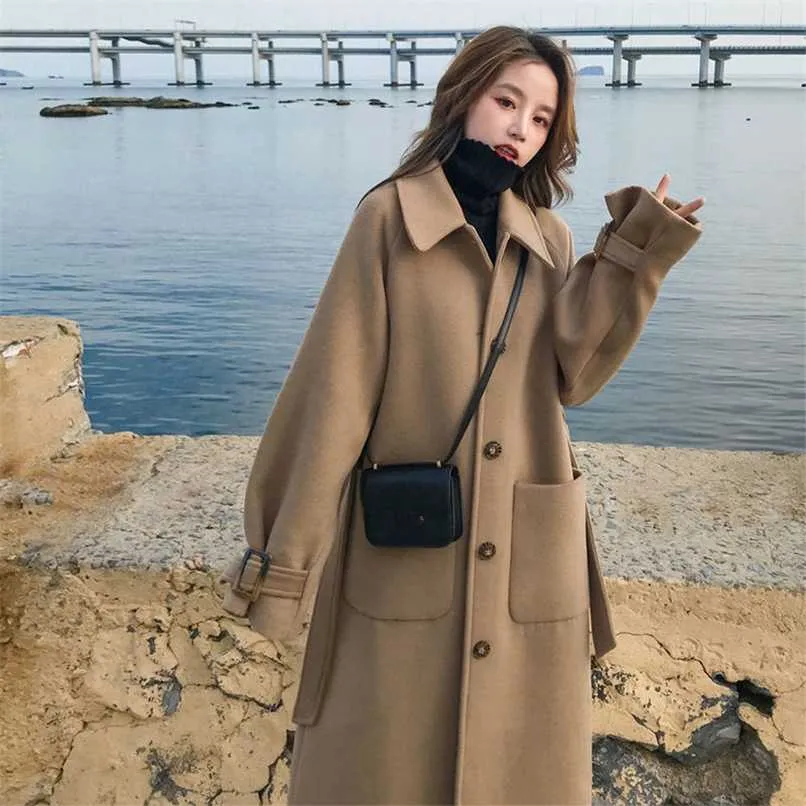 Wełniany płaszcz grube damskie średniej długości jesień luźny woolen płaszcz zimowy płaszcz wielbłąd koreański mody wełniane płaszcze i kurtki 211130