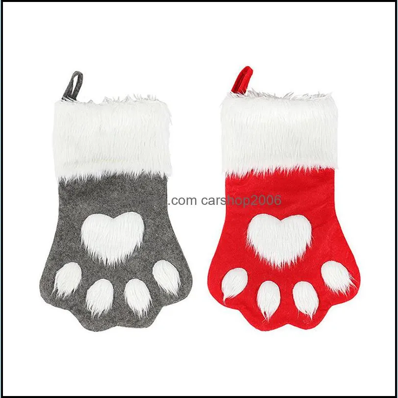 Christmas Decoration Dog Paw Sock Gift Bag Red Grey Christmas Stocking Non Woven Candy Bag Christmas Tree Ornament Xmas Gift VT0754