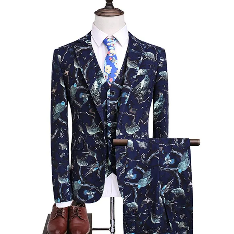 Мужские костюмы Blazers 2021 Цветочный принт Высокий Конец Куртка Банкетные Свадебные Цветы Птицы Тонкий Fit Part Watercoat Брюки Жилет 3 шт. Набор