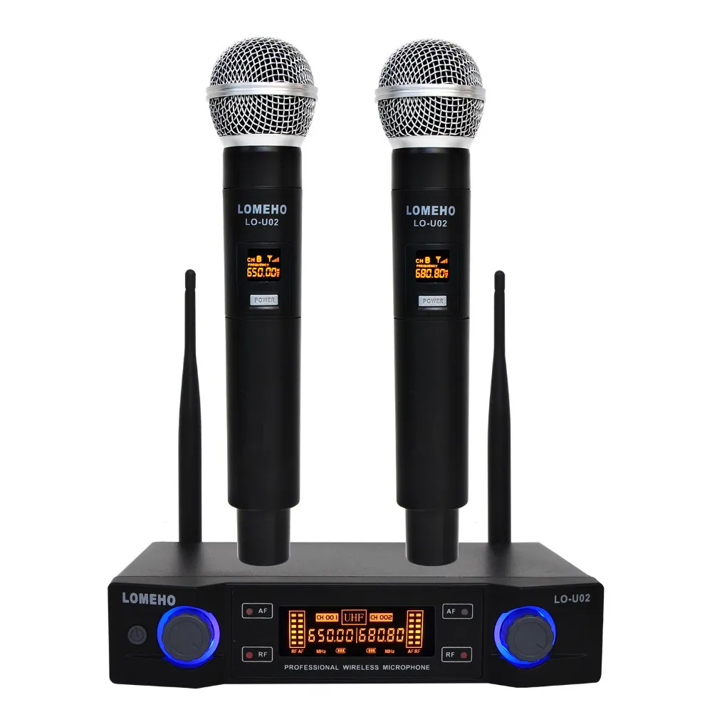 LO-U02 Easy-to-Använd Professionell 2 Handhållen UHF-frekvenser Dynamisk kapsel 2 Kanal Trådlös mikrofon Karaoke System