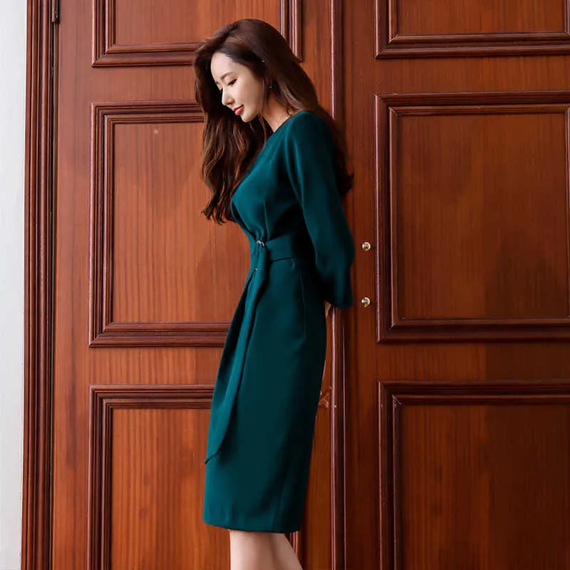 Green O-Neck Pencil Dress with Draped Belts - Midi Length Pencil Dresses For Work: Elegant Green Midi Dress With Draped Belts \u0026 Long  Sleeves From Luo03, $24.47 In Bulk | DHgate.Com