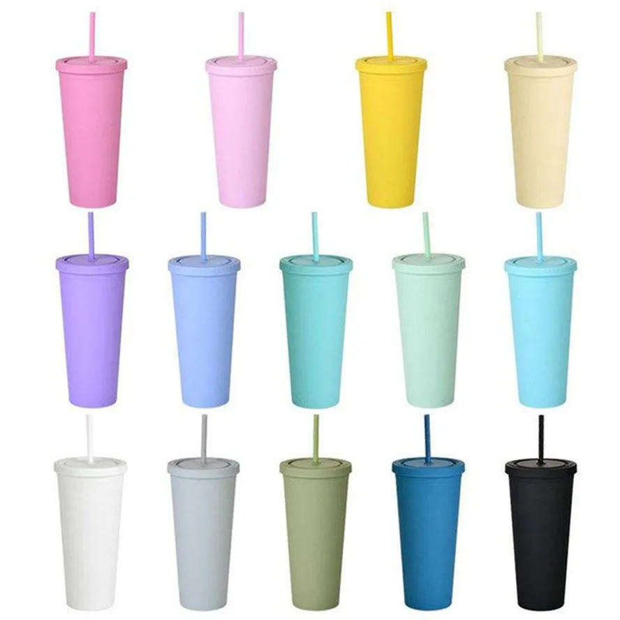BICCHIERI SKINNY DA 22 OZ Bicchieri acrilici colorati opachi con coperchi e cannucce Bicchieri riutilizzabili in plastica a doppia parete DHL