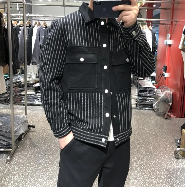 安い売筋品 メンズウールブレンド22秋ファッションショートスリムウールのジャケット男性ラペルストライプパッチワークコート男性シングルブレストカジュアルアウトo6 買い銀座 Wiki Elumdesigns Com