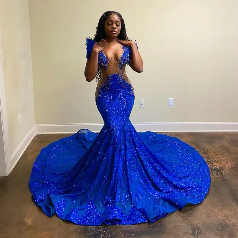 Sexy Feather Royal Blue Mermaid Prom Dresses for Black Girls African Evening Dress robe de soiree femme Vestidos Graduation