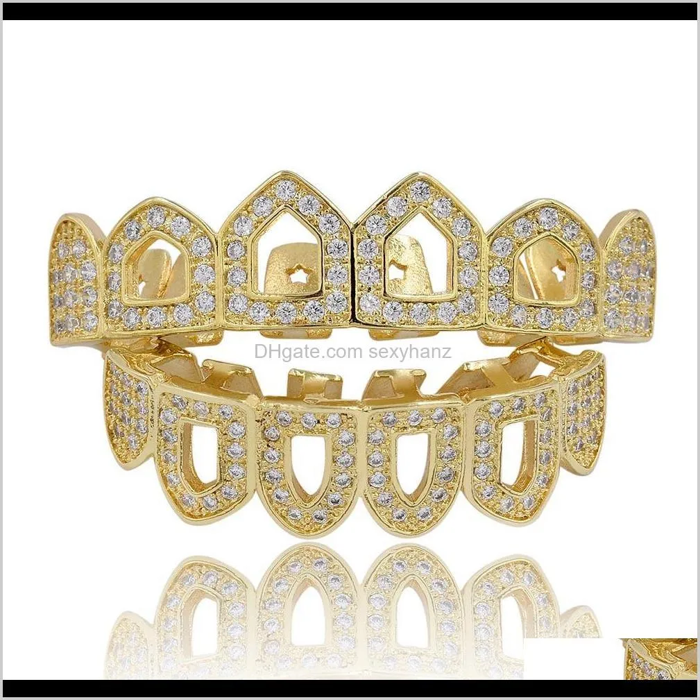 iced out grillz micro pave cz pure gold color plated top & bottom six 6 open face iced-out hip hop grills hollow teeth set