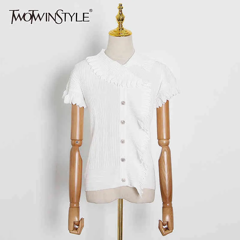 Elegant Patchwork Ruffles Women Sweater Lapel Collar Short Sleeve Slim Striped Sweaters For Female Fashion Clothes 210524