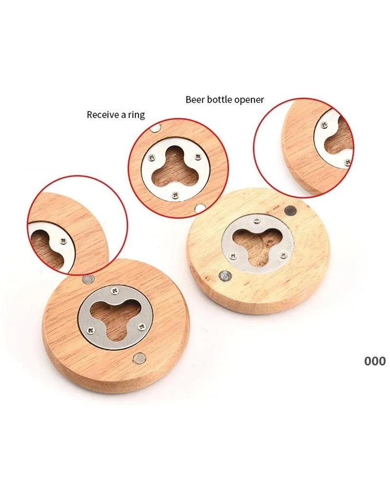 Nuova forma rotonda in legno Apribottiglie Sottobicchiere Magnete per frigorifero Decorazione Apribottiglie per birra Fabbrica all'ingrosso ZZD9754