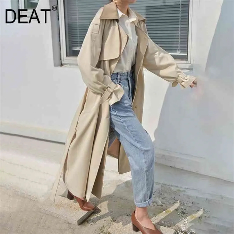 DEAT Autunno Moda Lunga Lunghezza Doppio risvolto Colletto Sashe Trench da donna Cappotto stile Inghilterra di fascia alta MX119 210820