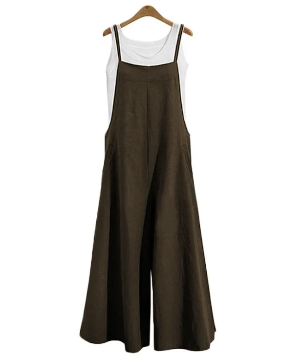 Casual Summer Women's Solid Strap Wide Ben Byxor Fickor Romper Dungaree Bib Overaller Lösa bomullslinne Jumpsuits för kvinnor 210428