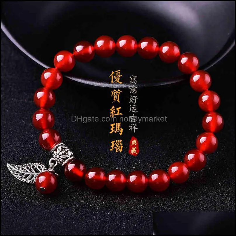 New simple single ring red agate bracelet national style leaf women`s hand string peace Ball Bracelet