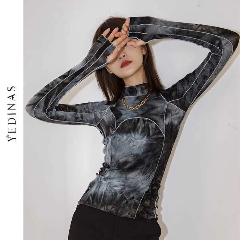 Yedinas Gradient Tie Dye T-shirts Women Y2k Turtleneck Slim Long Sleeve T Shirt Punk Style E Girl Chic Fashion Aesthetic Tops 210527