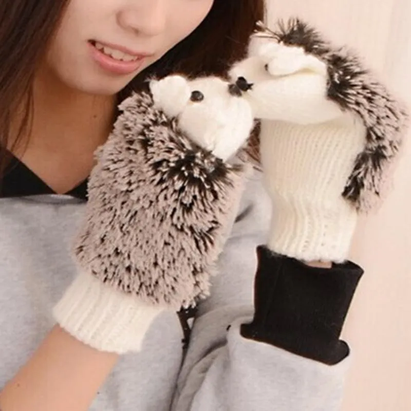 Fingerless Gloves Winter Cartoon Hedgehog For Girls Black White Fashion Women Knitted