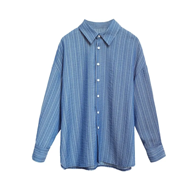 女性の縞模様のシャツパープルダウンカラースリーブフルロング韓国風B0460 210514