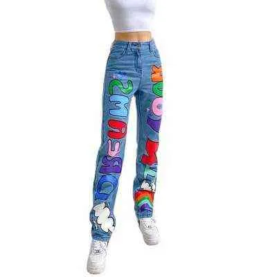 Mode femmes taille haute pantalon Stretch jambe large Bootcut Jeans Streetwear lâche pantalon décontracté Alphabet motif vêtements 211129