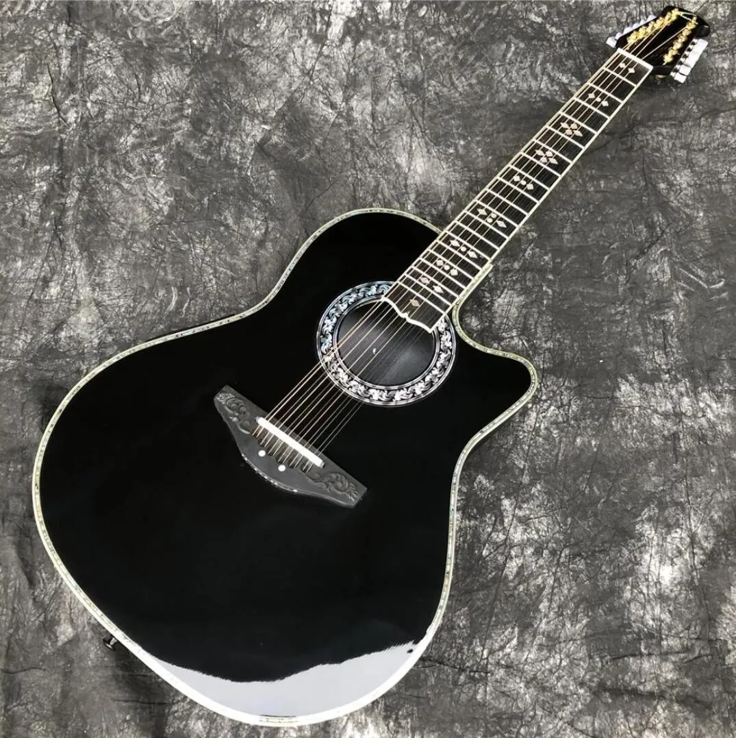 Rzadka Ovation 12 strun Hollow Body Czarna gitara elektryczna Korpus z włókna węglowego, hebanowa podstrunnica, oprawa Abalone, EQ przedwzmacniacza F-5T, białe tunery Vintage