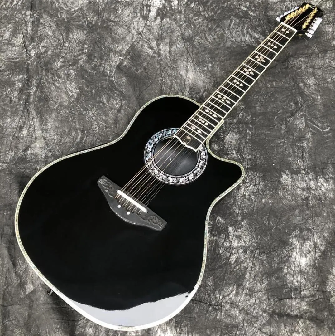 Rare Ovation 12 Strings Hollow Body Guitarra elétrica preta Corpo em fibra de carbono, Ebony Fretboard, Abalone Binding, F-5T Preamp Pickup EQ, Vinage White Tuners