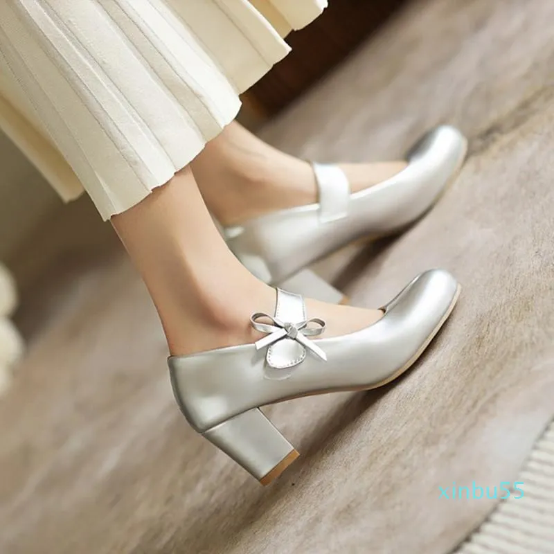 Dress Shoes Lovely Cute Girls Sweet Bow Knot Women Hook&Loop Block High-heeled Patent Leather Silver Gold Pumps Party Shoe 43