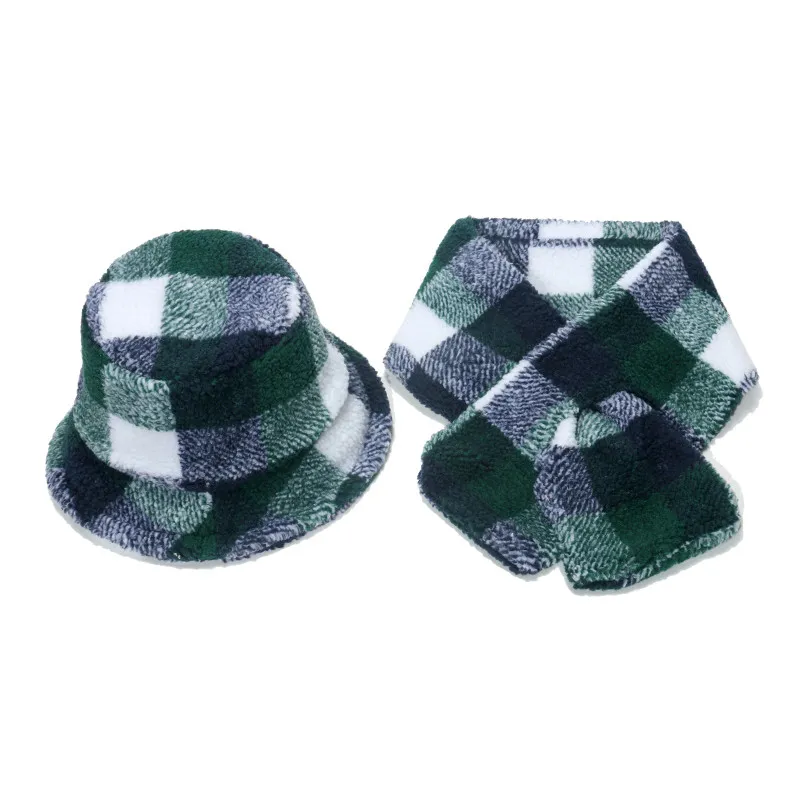 New Winter Panama British Style Outdoor Lamb Warm Thicken Fluffy Green Tartan Plaid Bucket Hats Scarf set For Men Women