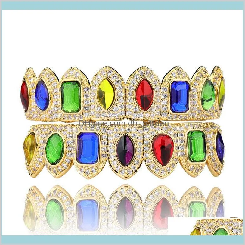 colorful shiny teeth grillz 18k gold plated macro pave cz iced out grillz sets top and bottom hip hop grillzs bling bling style