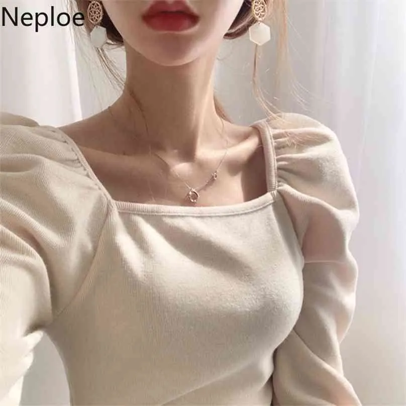 Neploe Chic Square Collar Hollow Out Clavicle T Shirt Slim Fit Pläterad Puff Sleeve Solid Blusas Höst Vår Sticka Topp 210720