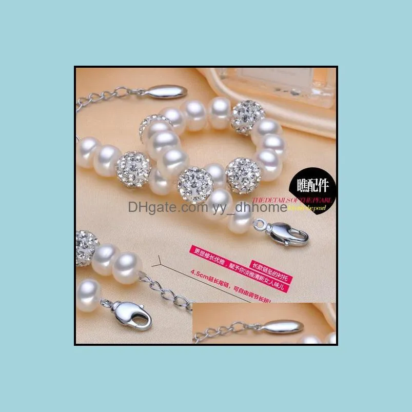 Natural Pearl Necklace 925 Silver Accessories Flawless 8-9mm Inlaid Crystal Ball Hand Chains