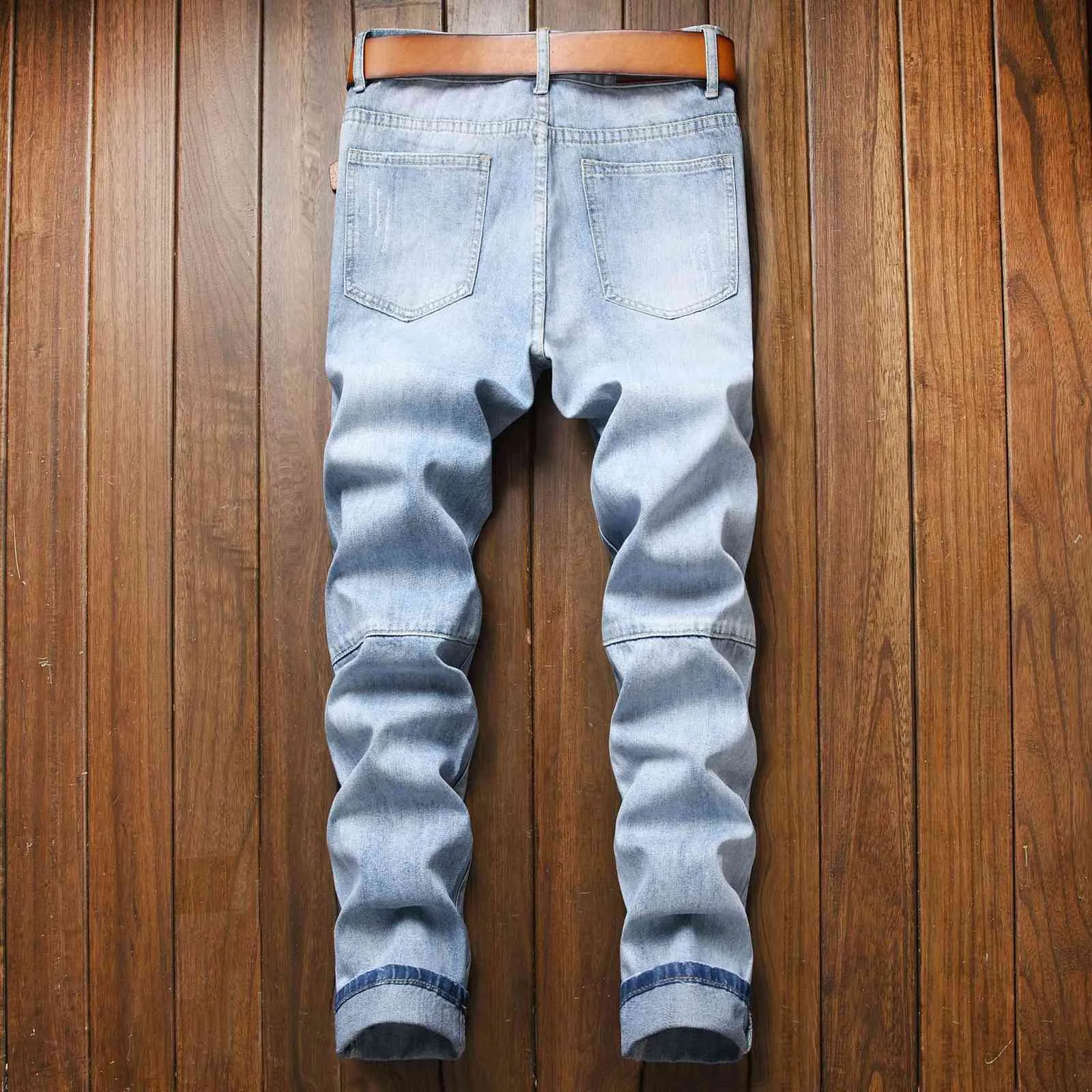 新品アウトレット ジーンズメンズリッピングスタイルスリムストレートチューブ非弾性ライトブルー 安い購入