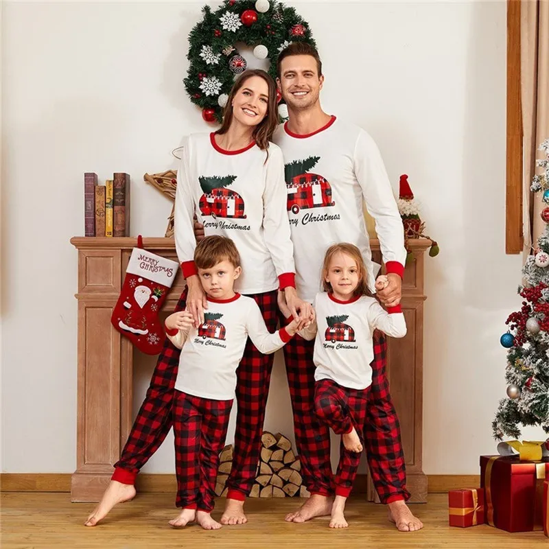 Merry Christmas Family Pajamas Set Mother Daughter Father Son Romper Sleepwear Letter Printed Plaid Matching Outfits Tops+Pants Baby Clothes