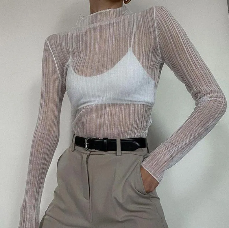 Women's T-Shirt Lace Simple Style White Solid Color Pullover Basis Female See-through Turtleneck Long Sleeve Tops Spring Fall Dailywear