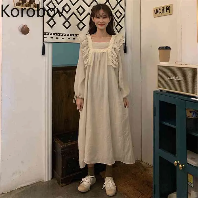 Korobov printemps d'été Nouveau Rufflles de style Rufflles Preppy Robes Vintage Long Manche décontractée Robe coréenne Mujer Vestidos 210430