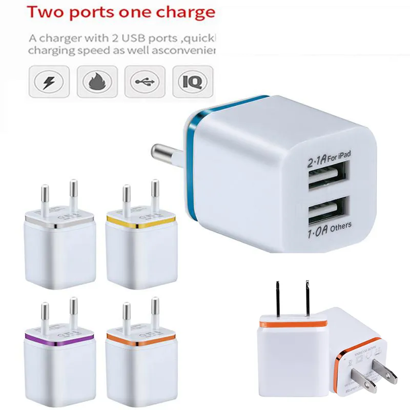 Chargeur de charge mural double USB en métal US EU Plug 2.1A 1A AC Adaptateur secteur Chargeurs directs Prises 2 ports pour Iphone 12 13 Pro max Samsung Galaxy Note LG Tablet Ipad