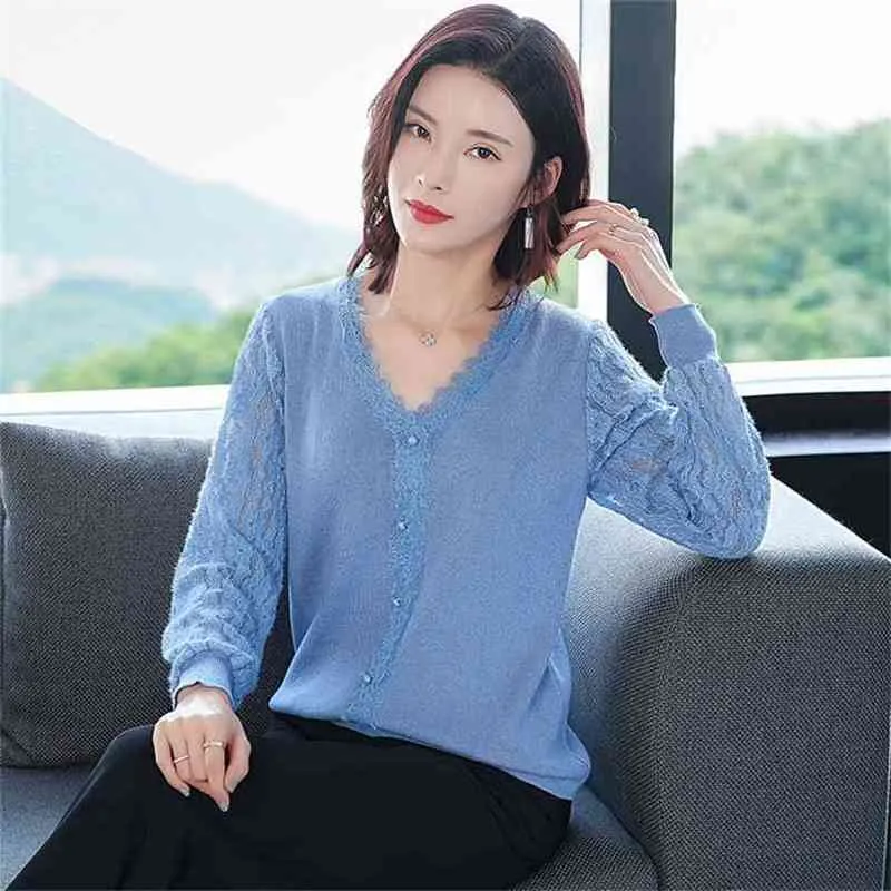 V-Neck Hollow Hollow Lace Długi Sweter Sweter Urządzony Urządzony z elastycznym kwiatem Wzór Krojenia Pullover Kobiety Wiosna 210427