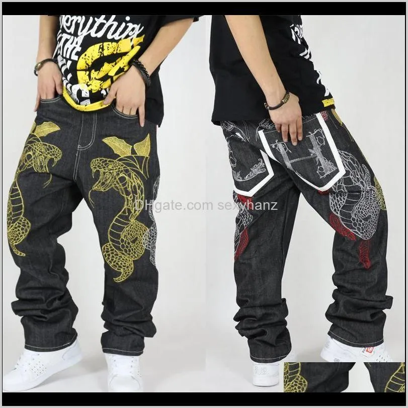 wholesale-hiphop jeans male hot-selling loose denim pants personality snake embroidery straight long trousers for men