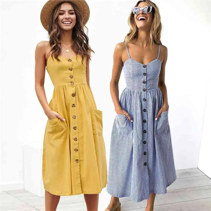 Holiday Beach Party Strap Midi Summer Dress Sexy Button Pocket Tuniek Dot Bloemen Gestreepte Print Vrouwelijke Vintage Jurken Vestidos 210409