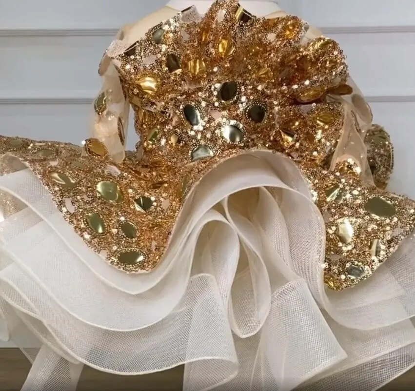 Gold Sequined Sparkly Flower Girl Gold Sequin Evening Dress with Sheer Neckline, Tulle Fabric, and Long Sleeves - Perfect for Lilttle Kids' Birthday,