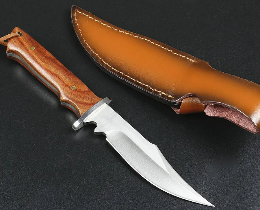 Ex-fabrikspris Liten överlevnad Straight Kniv 440c Satin Drop Bowie Blade Full Tang Hardwood Handtag Utomhus Fasta Blades Jaktknivar med lädermantel