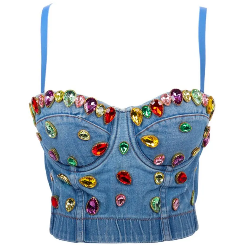 Bunte Strass Denim Bustier Crop Top Camis Big Crystal Jean Korsett Push Up BH Sexy Damen Tanks Blau