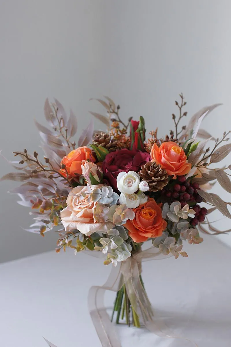 Flores de Casamento HIMSTORY Sorvete Artificial Vintage Buquês Cor de Laranja Feitos à Mão Seda Rosa Mão Segurando Bouquet230h