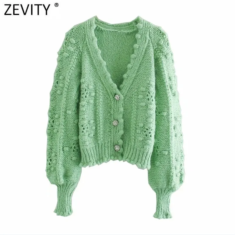 Kvinnor Fashion V Neck Ball Appliques Cardigan Knitting Sweater Kvinna Långärmad Chic Casual Knappar Tyg Tops S689 210416