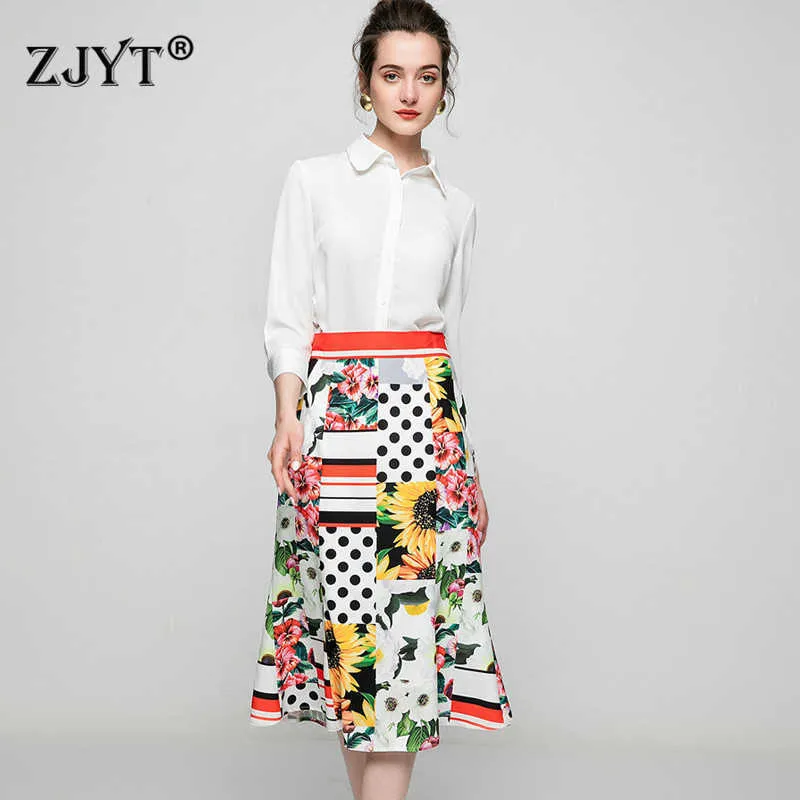 High Quality Runway Designers Spring Women Outfits Elegant Lady White Blouse and Midi Print Skirt Suit 2 Piece Party Set 210601
