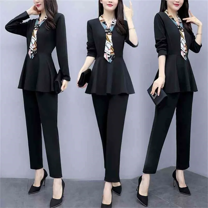 L-5XL Black Herfst Twee Stuk Sets Outfits Dames Plus Size Lange Mouw Tunieken Tops en Broek Geschikt voor elegante Office OL-stijl 210513