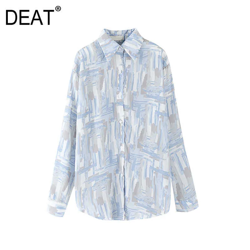 [Deat] lente mode tops single-breasted printing tie dye lange turn-down kraag losse vrouwen shirt 13d054 210527