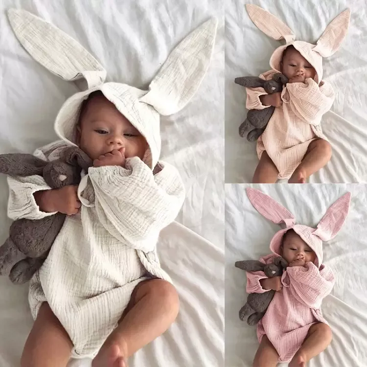 Autumn Baby Clothing Sets Long Sleeve Romper + Rabbit Ears Hat 2Pcs/Set Cotton Linen Toddler Infant Outfits