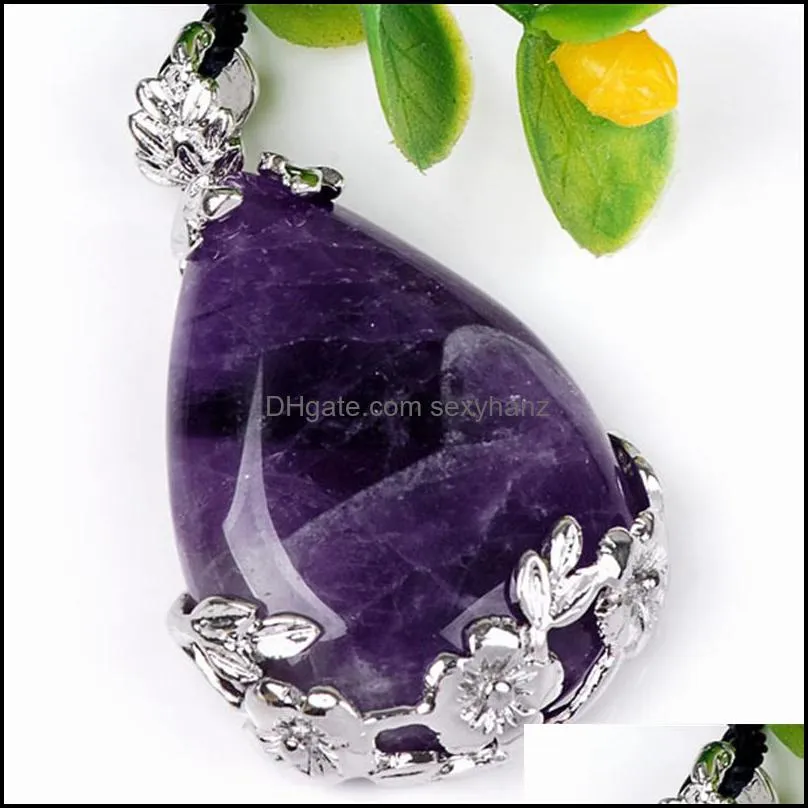 Top Selling Natural Purple Quartz Inlaid Teardrop Pendant Reiki Chakra Bead for Necklace Gift Women Trendy Jewelry
