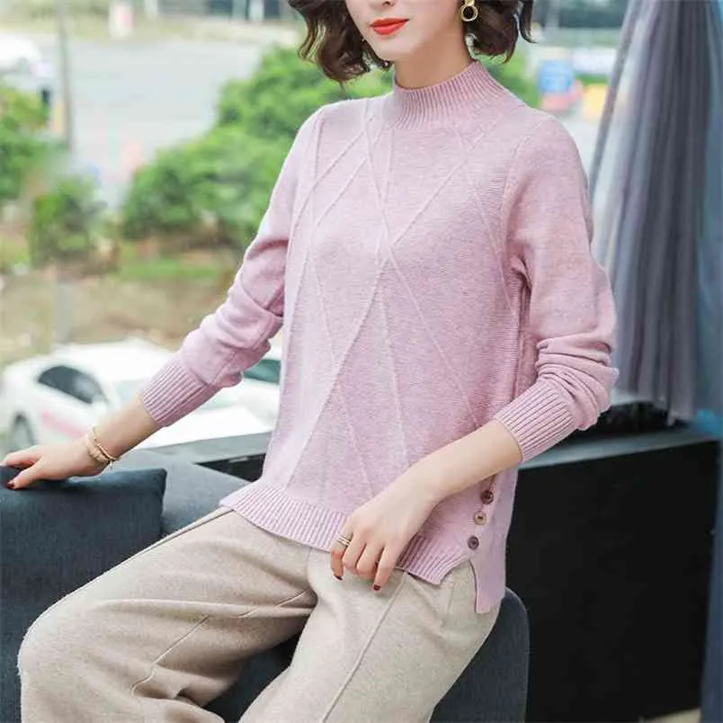 Meio-pescoço das mulheres camisola de turtleneck outono versão coreana do inverno a solta feita malha camisa de mangas compridas 210427