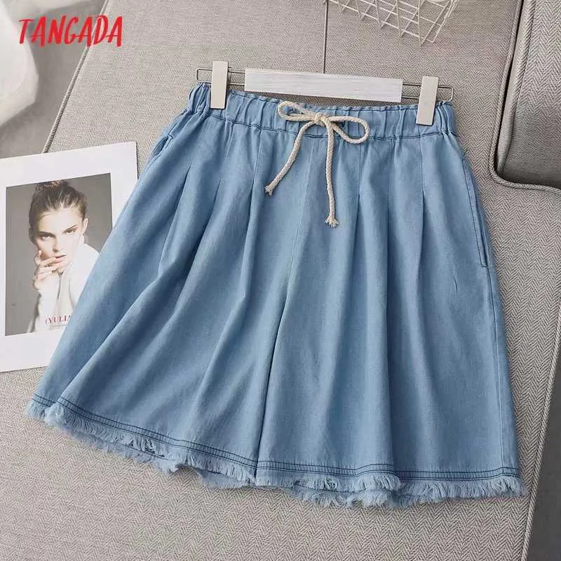 Tangada Kvinnor Vintage Tassel Denim Shorts Strethy Waist Fickor Kvinna Retro Casual Shorts Pantalones ZE18 210609