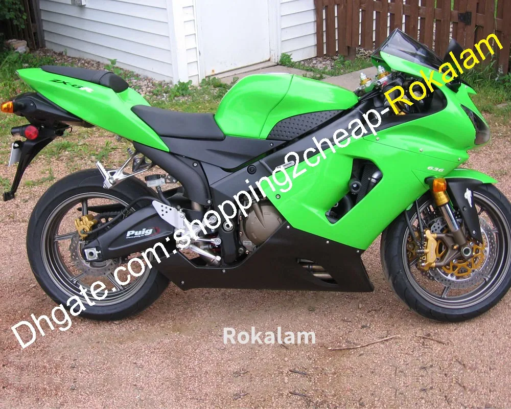 Kawasaki Ninja ZX-6R 05 06 ZX 6R ZX636 2005 2006 Motoアフターマーケットキットフェアリンググリーンブラック（射出成形）