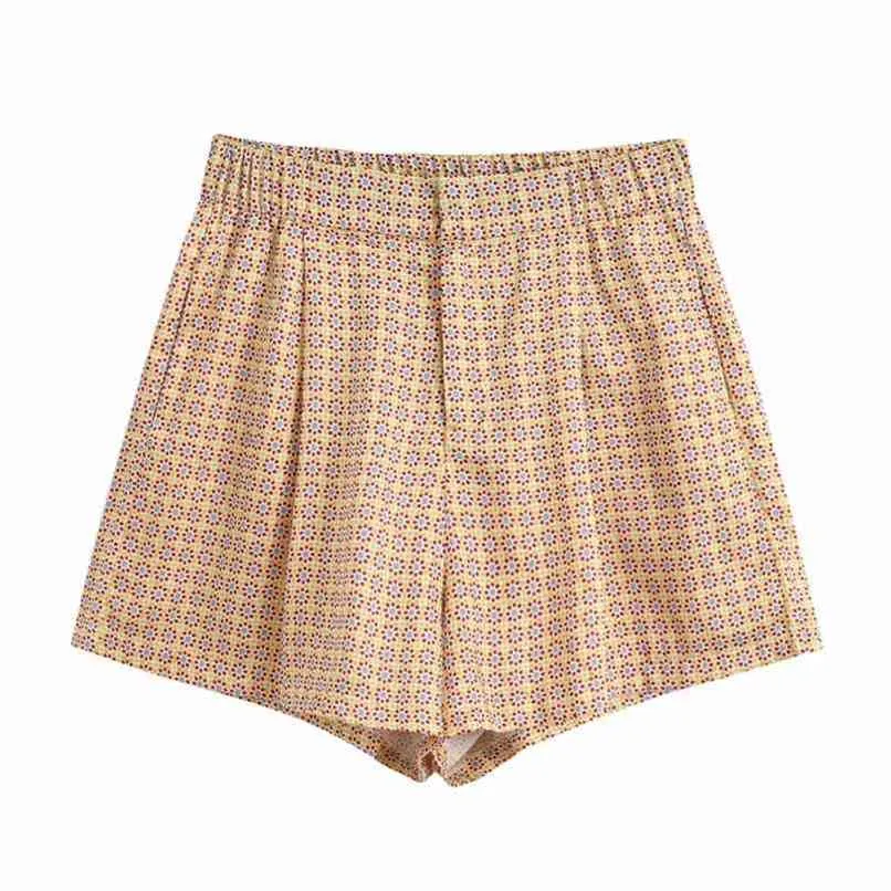 femmes vintage floral imprimé géométrique Shorts dames poche casual slim shorts chic taille élastique pantalone cortos P625 210714