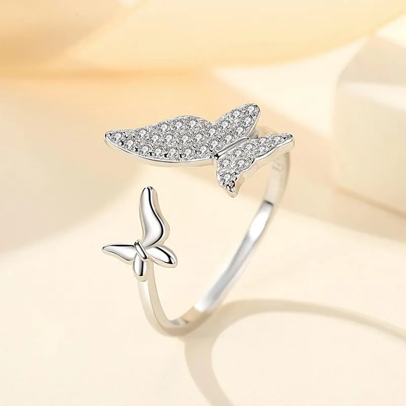 Anéis de casamento S925 Sterling Silver Diamond incrustado borboleta feminina índice de dedo anel de dedo especial-interesse design Luz de luxo redimensionável