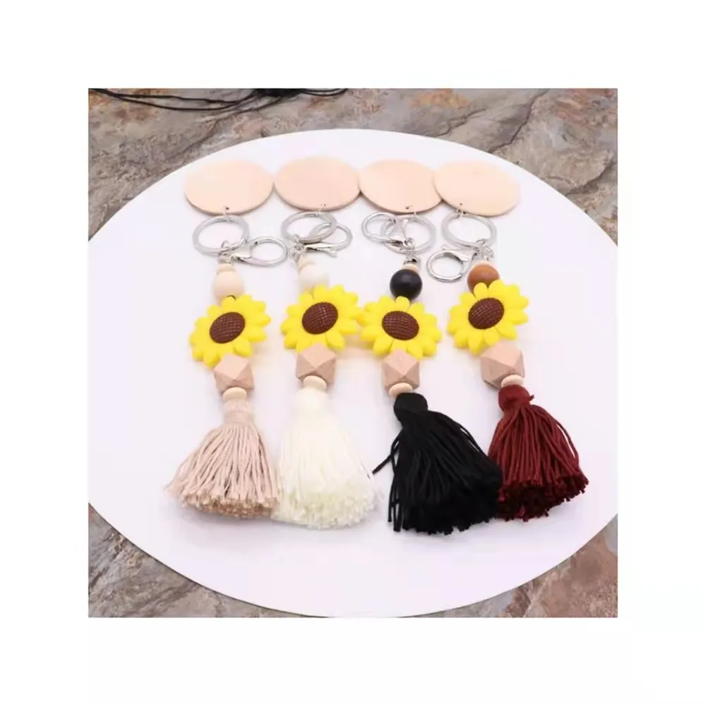 Utrikeshandel Beaded Food Grade Silicone Sunflower Keychain Kan skrivas ut Runda Hänge Key Ring Multi-Color Valfri