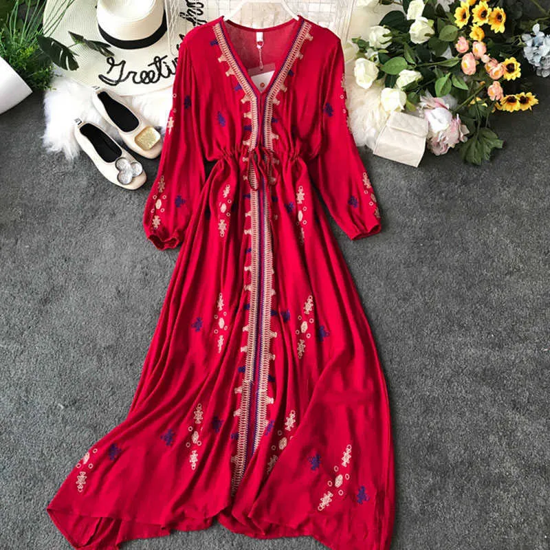 Women Summer Bohemian Dress V-neck A-line Ankle-Length Empire Embroidery Cotton Red Long Vestidos with Sashes Plus Size 3XL 210625